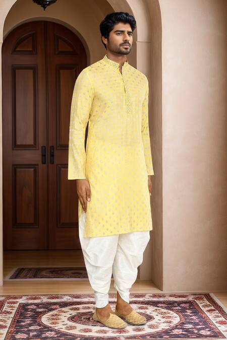 Buy_Arihant Rai Sinha_Yellow Kurta Brocade, Patiala Pant Art Silk Ethnic Motif Woven And Set_Online_at_Aza_Fashions