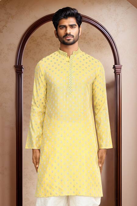 Shop_Arihant Rai Sinha_Yellow Kurta Brocade, Patiala Pant Art Silk Ethnic Motif Woven And Set_Online_at_Aza_Fashions