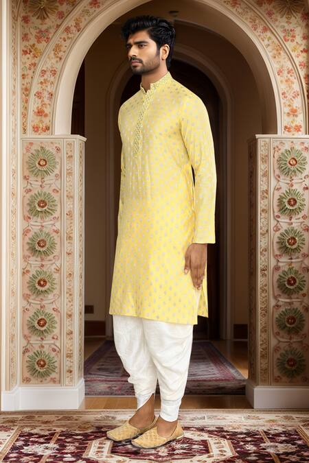 Arihant Rai Sinha_Yellow Kurta Brocade, Patiala Pant Art Silk Ethnic Motif Woven And Set_at_Aza_Fashions