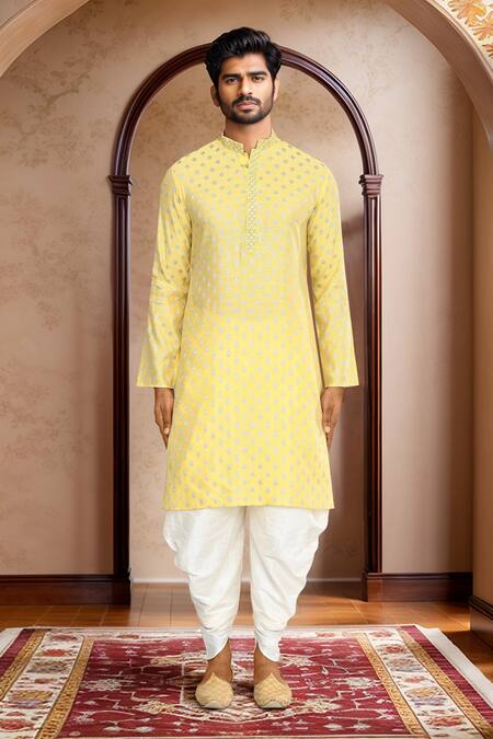 Shop_Arihant Rai Sinha_Yellow Kurta Brocade, Patiala Pant Art Silk Ethnic Motif Woven And Set
