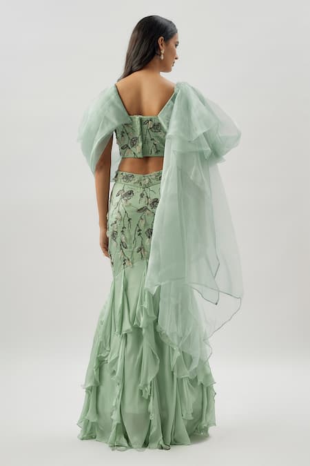 Divya Kanakia Floral Applique Ruffled Fish-Cut Lehenga Set 