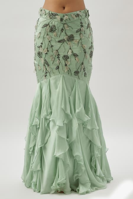 Divya Kanakia Green Satin, Organza, Tissue Beads, Cut Floral Ruffled Fish-cut Lehenga Set Online at Aza Fashions Divya Kanakia_Green Satin, Organza, Tissue Beads, Cut Floral Ruffled Fish-cut Lehenga Set _Online_at_Aza_Fashions