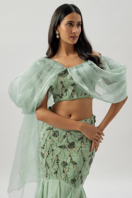 Buy Divya Kanakia Green Satin, Organza, Tissue Beads, Cut Floral Ruffled Fish-cut Lehenga Set Online at Aza Fashions Buy_Divya Kanakia_Green Satin, Organza, Tissue Beads, Cut Floral Ruffled Fish-cut Lehenga Set _Online_at_Aza_Fashions