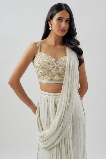 Divya Kanakia_Ivory Georgette Pearls, Sequins, Cut Work Embroidered Pre-stitched Saree Set _Online_at_Aza_Fashions
