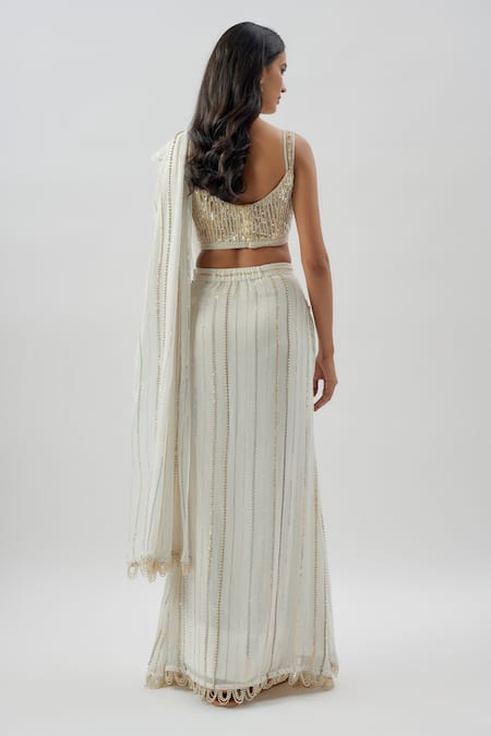 Divya Kanakia Ivory Sequin Embroidered Pre-Stitched Saree Set 