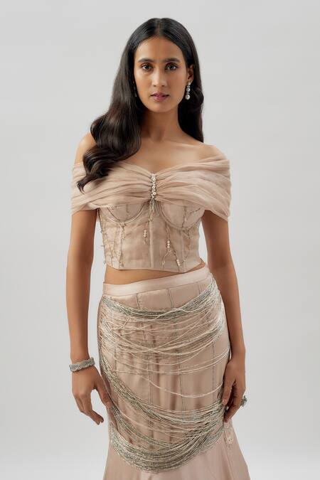 Buy_Divya Kanakia_Pink Organza, Satin Beads, Pearls Embroidered Mermaid Lehenga And Corset _Online_at_Aza_Fashions