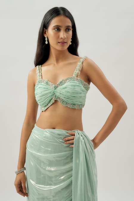 Divya Kanakia_Green Georgette Sequins, Beads, Embroidery, Piping Pre-stitched Saree Set _Online_at_Aza_Fashions