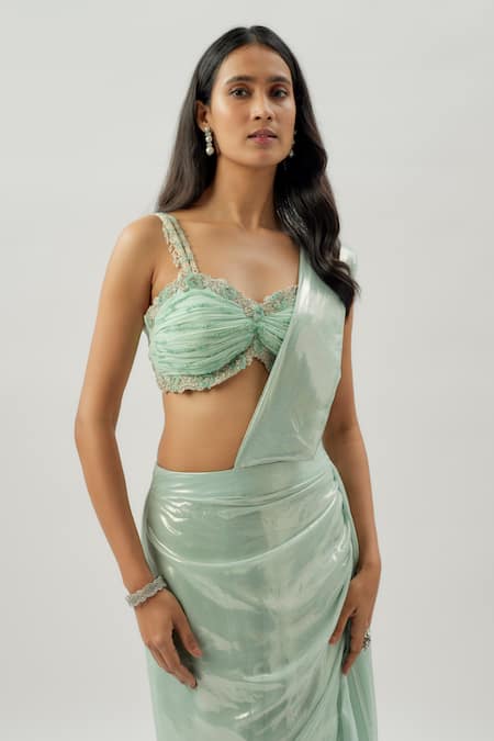 Buy_Divya Kanakia_Green Georgette Sequins, Beads, Embroidery, Piping Pre-stitched Saree Set _Online_at_Aza_Fashions
