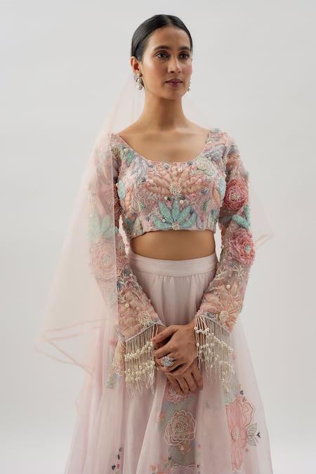 Divya Kanakia_Pink Organza, Net Applique, Beads, Cut Work, Pastel Embroidered Lehenga Set _Online_at_Aza_Fashions