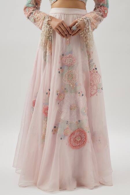 Shop_Divya Kanakia_Pink Organza, Net Applique, Beads, Cut Work, Pastel Embroidered Lehenga Set _Online_at_Aza_Fashions