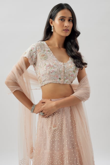 Divya Kanakia_Pink Organza, Silk Pearls, Beads, Sequins Scoop Floral Embellished Lehenga Set _Online_at_Aza_Fashions