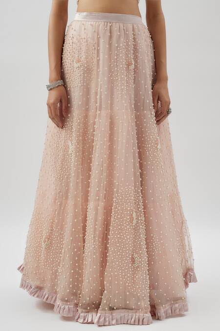 Buy_Divya Kanakia_Pink Organza, Silk Pearls, Beads, Sequins Scoop Floral Embellished Lehenga Set _Online_at_Aza_Fashions