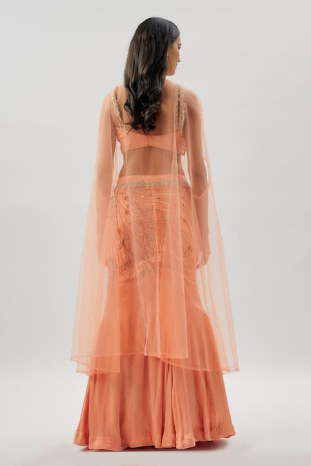 Divya Kanakia Peach Floral Applique Lehenga Cape Set 