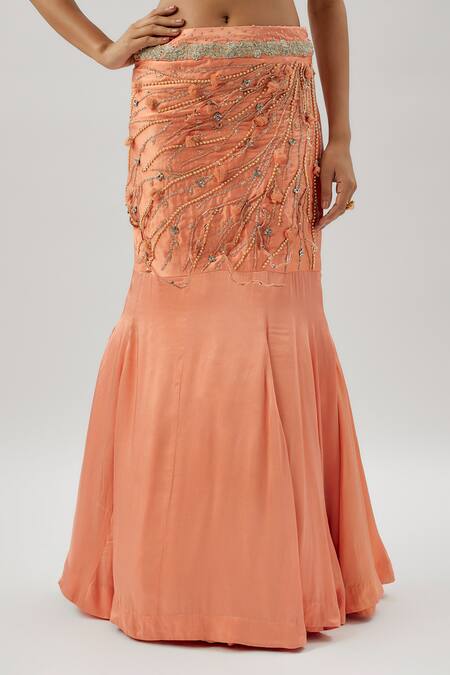 Divya Kanakia_Peach Silk, Georgette Diamonds, Cut Work, Applique Floral Lehenga Cape Set _Online_at_Aza_Fashions
