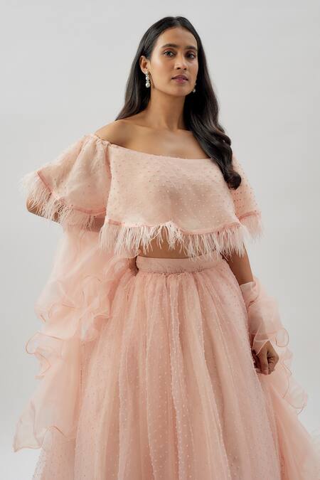 Divya Kanakia_Pink Organza, Net Feathers Off-shoulder Embellished Lehenga Set _Online_at_Aza_Fashions