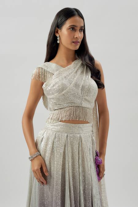 Buy_Divya Kanakia_Silver Georgette, Lycra Sequins, Lace Halter Neck Ombre Embellished Lehenga Set _Online_at_Aza_Fashions