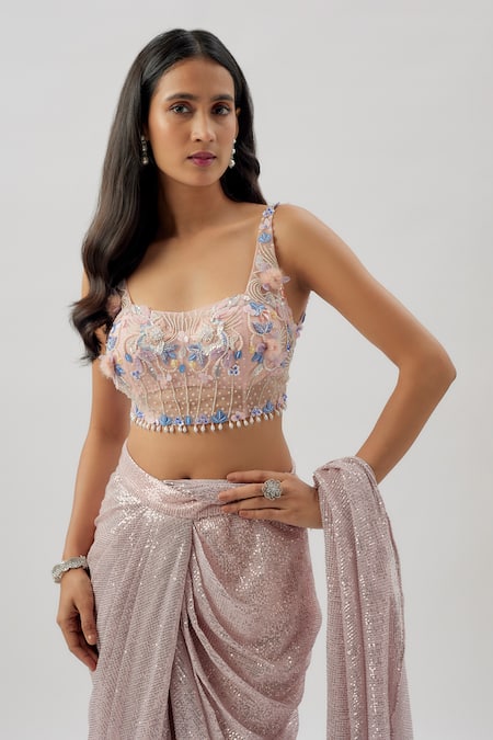 Divya Kanakia_Pink Georgette, Lycra Sequins, Beads, Embellished Pre-stitched Saree Set _Online_at_Aza_Fashions