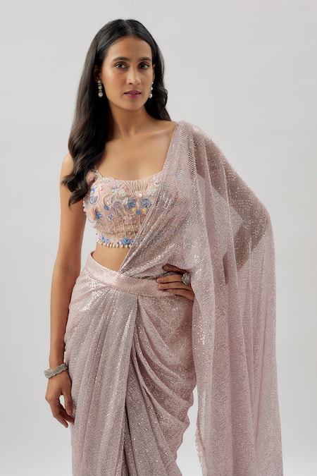 Buy_Divya Kanakia_Pink Georgette, Lycra Sequins, Beads, Embellished Pre-stitched Saree Set _Online_at_Aza_Fashions