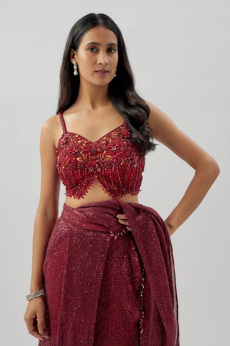 Divya Kanakia_Maroon Georgette And Celestial Embellished Pre-stitched Saree With Cut-out Blouse _Online_at_Aza_Fashions