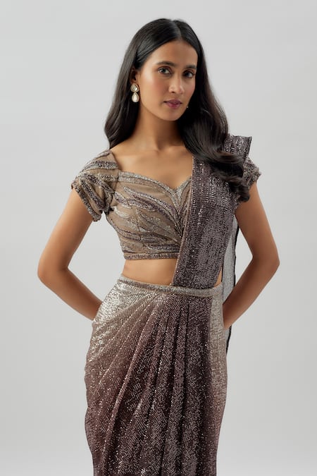 Divya Kanakia_Multi Color Georgette, Lycra Sequins, Ombre Embellished Pre-stitched Saree _Online_at_Aza_Fashions