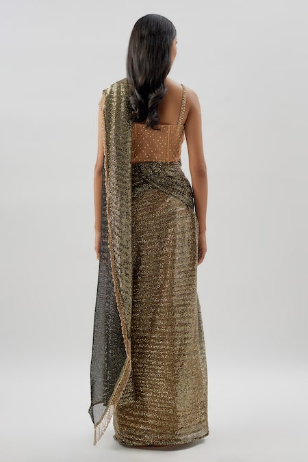 Divya Kanakia Gold Sequin Embellished Pre-Stitched Saree 