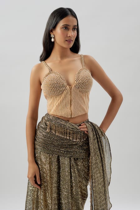 Divya Kanakia_Gold Georgette, Lycra Pearls, Sequins Sweetheart Embellished Pre-stitched Saree _Online_at_Aza_Fashions