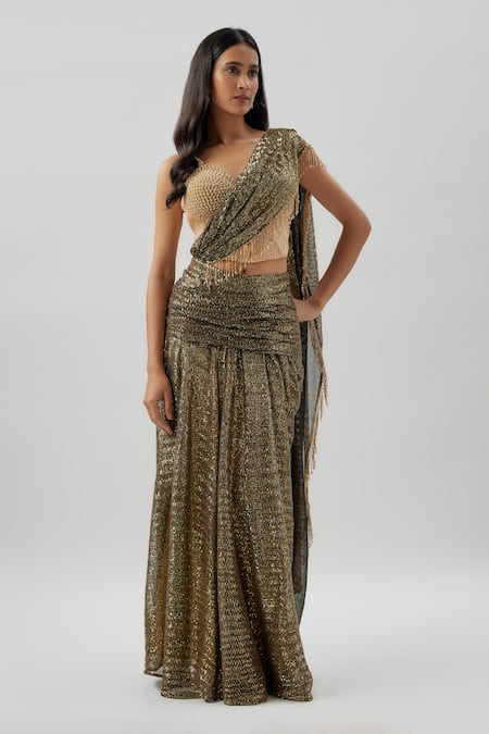 Divya Kanakia Celestial Sequin Embellished Pre-Stitched Saree With Corset Blouse 