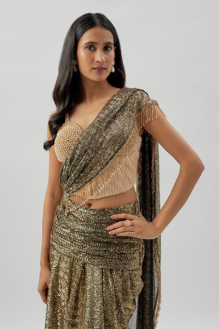 Buy_Divya Kanakia_Gold Georgette, Lycra Pearls, Sequins Sweetheart Embellished Pre-stitched Saree _Online_at_Aza_Fashions