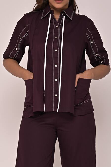 Escape By Aishwarya_Black Cotton Satin Embroidery Collared Boxy Katha Shirt _Online_at_Aza_Fashions