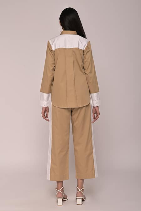 Escape By Aishwarya Beige U Shaped Shirt & Straight Pant Set 