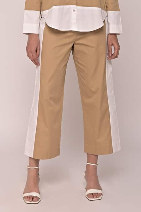 Escape By Aishwarya_Beige Cotton Satin Collared U Shaped Shirt And Straight Pant Set _Online_at_Aza_Fashions