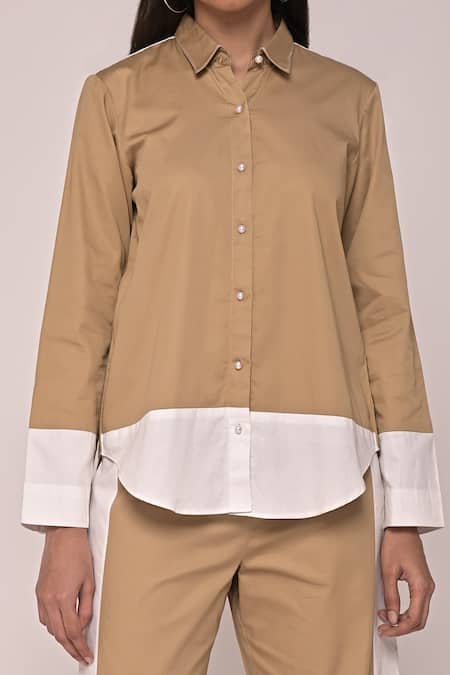 Buy_Escape By Aishwarya_Beige Cotton Satin Collared U Shaped Shirt And Straight Pant Set _Online_at_Aza_Fashions