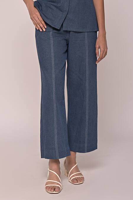 Escape By Aishwarya Blue Cotton Satin Katha Collar Denim Pop Shirt With Pant Online at Aza Fashions Escape By Aishwarya_Blue Cotton Satin Katha Collar Denim Pop Shirt With Pant _Online_at_Aza_Fashions