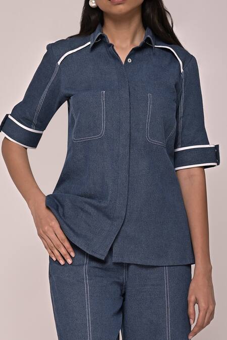 Buy Escape By Aishwarya Blue Cotton Satin Katha Collar Denim Pop Shirt With Pant Online at Aza Fashions Buy_Escape By Aishwarya_Blue Cotton Satin Katha Collar Denim Pop Shirt With Pant _Online_at_Aza_Fashions