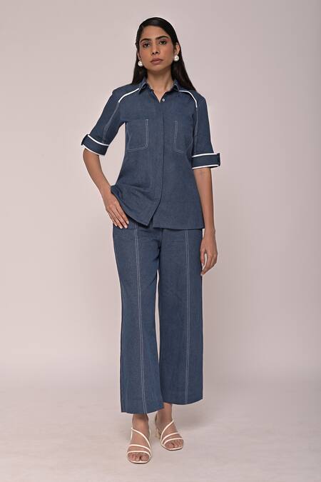 Escape By Aishwarya_Blue Cotton Satin Embroidery Collared Katha Shirt _Online_at_Aza_Fashions