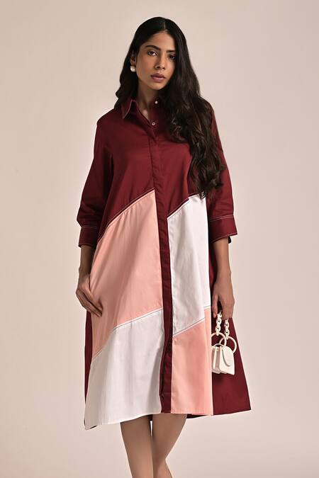 Escape By Aishwarya_Multi Color Cotton Satin Collared Colorblock A-line Midi Shirt Dress _Online_at_Aza_Fashions