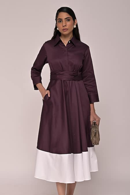 Escape By Aishwarya_Purple Cotton Satin Collared Colorblock Drape Dress _Online_at_Aza_Fashions