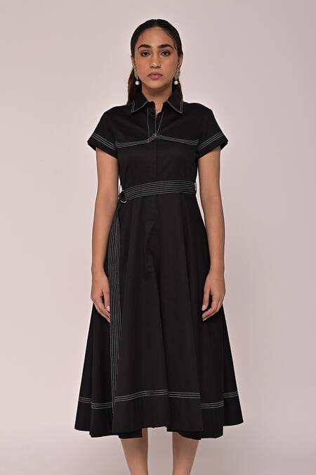 Escape By Aishwarya_Black Cotton Satin Embroidery Collared Katha Jumpsuit _Online_at_Aza_Fashions