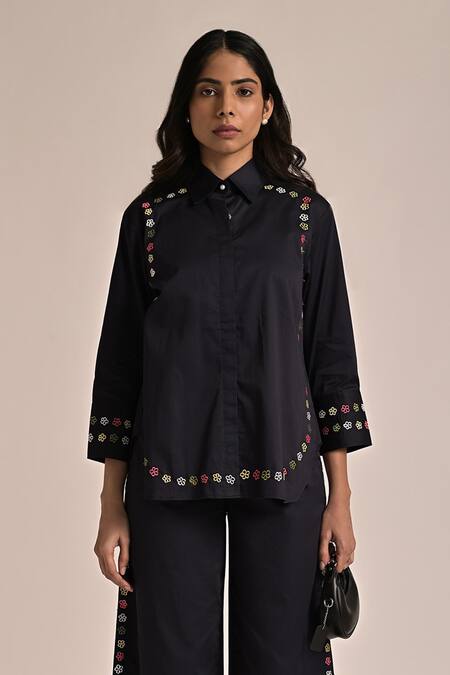 Escape By Aishwarya Black Cotton Satin Embroidery Collared Flower Shirt And Pant Set Online at Aza Fashions Escape By Aishwarya_Black Cotton Satin Embroidery Collared Flower Shirt And Pant Set _Online_at_Aza_Fashions