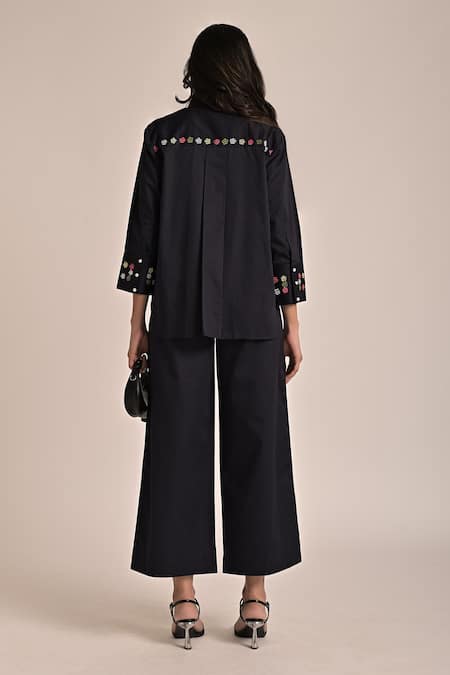 Escape By Aishwarya Black Flower Embroidered Shirt & Pant Set 