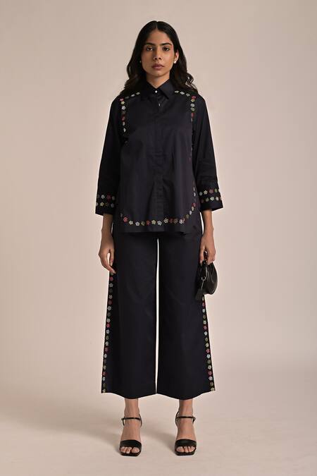 Escape By Aishwarya_Black Cotton Satin Embroidery Collared Thread Shirt _Online_at_Aza_Fashions