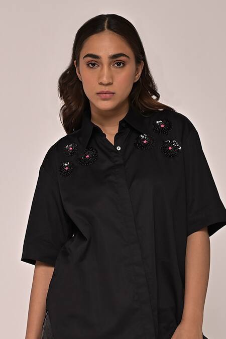 Escape By Aishwarya_Black Cotton Satin Sequins, Flowers Collar Lazy Daisy Embroidered Shirt _Online_at_Aza_Fashions