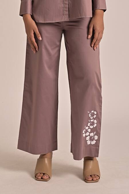 Escape By Aishwarya_Purple Cotton Satin Embroidery Asymmetric Phool Shirt And Pant Set _Online_at_Aza_Fashions