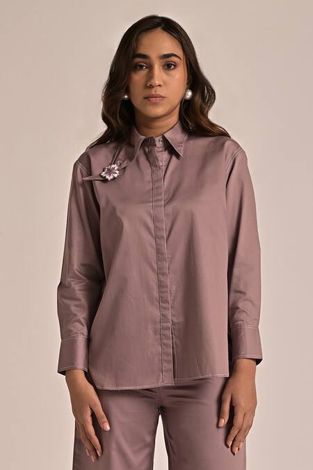 Buy_Escape By Aishwarya_Purple Cotton Satin Embroidery Asymmetric Phool Shirt And Pant Set _Online_at_Aza_Fashions