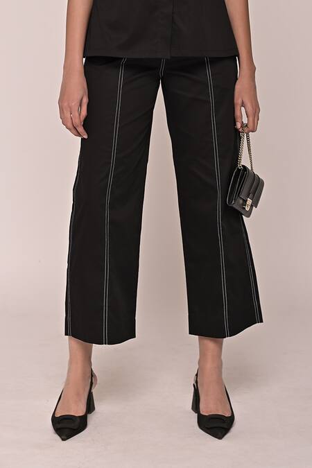 Escape By Aishwarya_Black Cotton Satin Embroidery Collared Katha Shirt And Pant Set _Online_at_Aza_Fashions