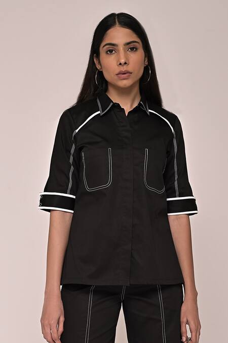 Buy_Escape By Aishwarya_Black Cotton Satin Embroidery Collared Katha Shirt And Pant Set _Online_at_Aza_Fashions