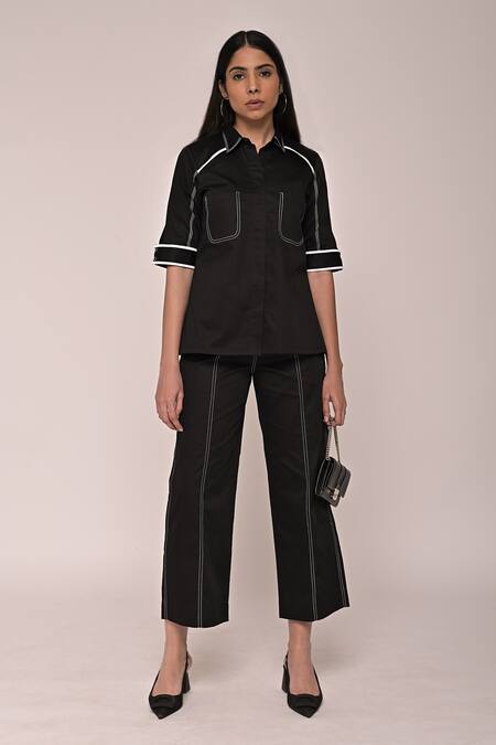 Escape By Aishwarya_Black Cotton Satin Piping Collared Embroidered Shirt _Online_at_Aza_Fashions