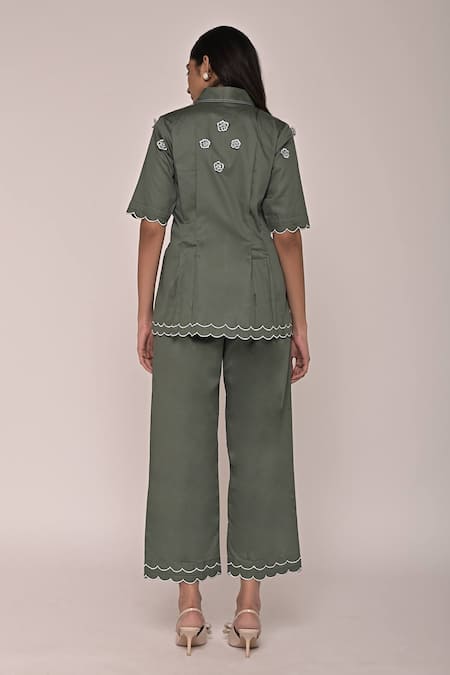 Escape By Aishwarya Scalloped Hem Floral Embroidered Top & Pant Set 