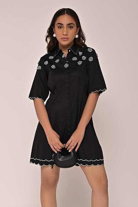 Escape By Aishwarya_Black Cotton Satin Embroidery Collared Floral Scallop Hem Dress _Online_at_Aza_Fashions