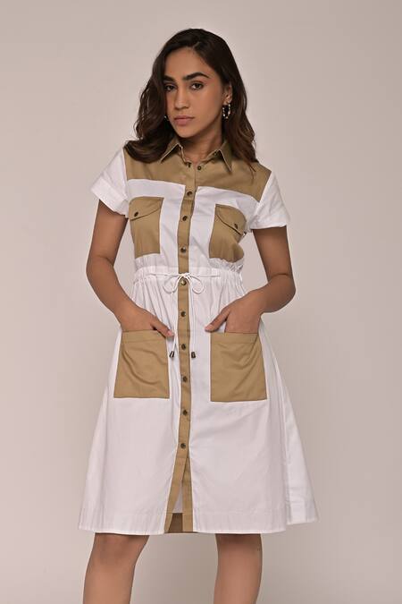 Escape By Aishwarya_Beige Cotton Satin Collared Sporty Balance Color Blocked Midi Dress _Online_at_Aza_Fashions